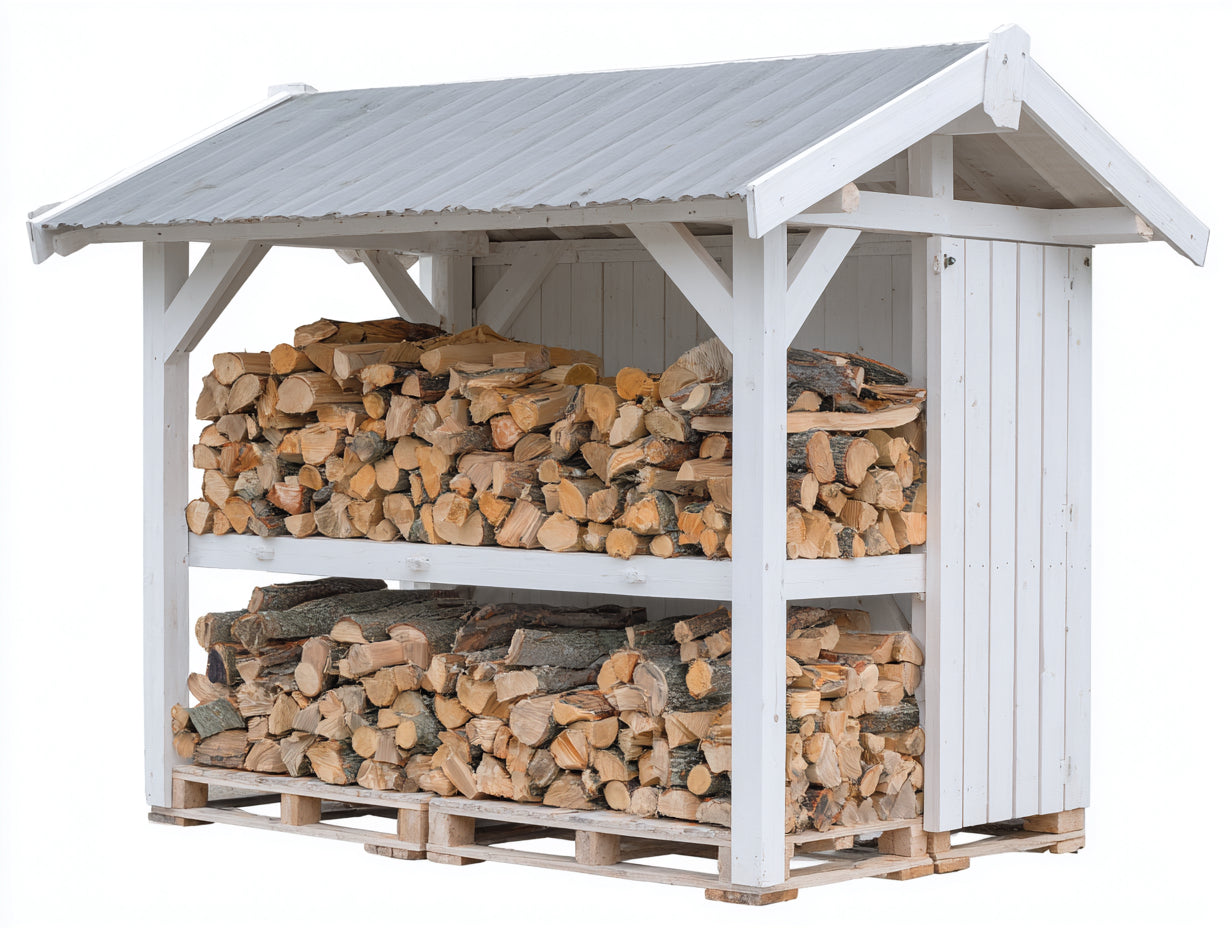 Kaminholzregal Holz 240x90x210 cm weiß-natur für Garten - mit Satteldach und geschützter Lagerfläche
