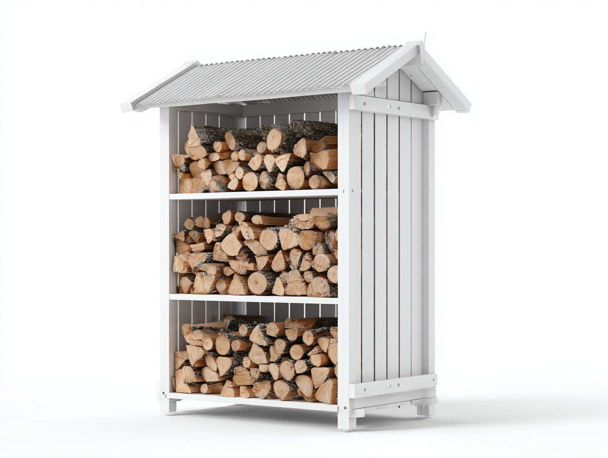 Kaminholzregal Holz 120x55x185 cm - Weiß-Grau - Landhausstil mit Schutzdach