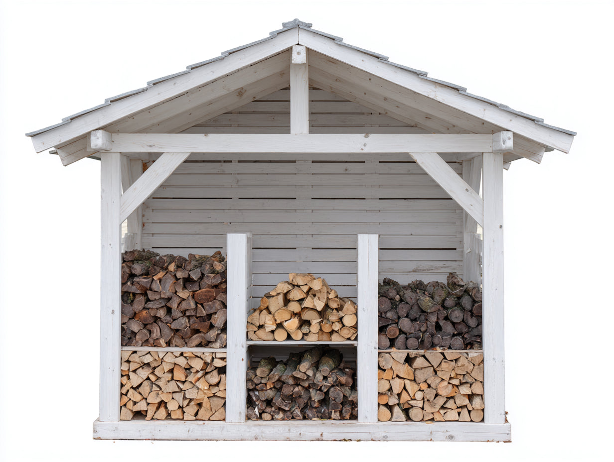 Kaminholzregal Holz 240x70x220 cm - Weiß-Grau - Landhausstil mit Schutzdach